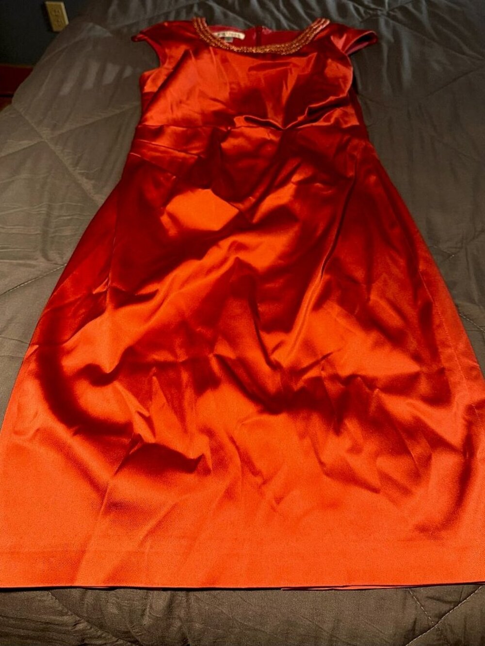 Kay Unger New York Red Satin Sheath Dress with Beaded Neckline, Size 4